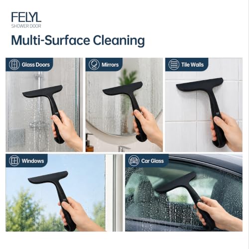 Shower Squeegee for Glass Doors Silicone Black Squeegee with Built-in Hook for Mirror, Window, Tile Wall & Car, All-in-One