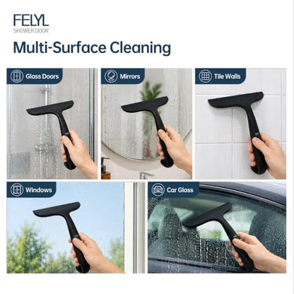 Shower Squeegee for Glass Doors Silicone Black Squeegee with Built-in Hook for Mirror, Window, Tile Wall & Car, All-in-One