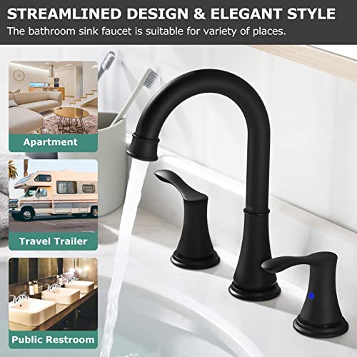 Matte Black Widespread Bathroom Sink Faucet 8 Inch for Vanity | with All Metal Pop Up Drain, High Arc 2 Handle Lead-Free Deck Mount Bathroom Faucet for 3 Hole Lavatory Utility Sink - color: Matte Black