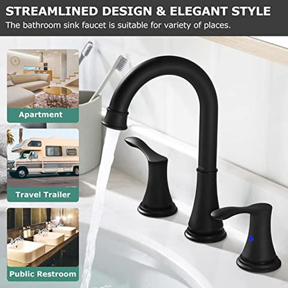 Matte Black Widespread Bathroom Sink Faucet 8 Inch for Vanity | with All Metal Pop Up Drain, High Arc 2 Handle Lead-Free Deck Mount Bathroom Faucet for 3 Hole Lavatory Utility Sink - color: Matte Black