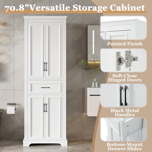 JIJIWANG 70.8" H Modern Wood Tall Bathroom Storage Cabinet, White Freestanding Linen Tower with Soft-Close Doors, Drawer, Adjustable Shelves, Anti-Tip Design, for Master Bathroom