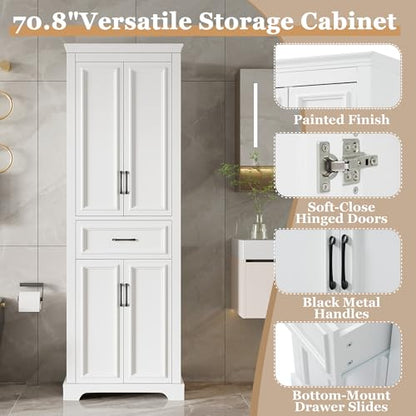 JIJIWANG 70.8" H Modern Wood Tall Bathroom Storage Cabinet, White Freestanding Linen Tower with Soft-Close Doors, Drawer, Adjustable Shelves, Anti-Tip Design, for Master Bathroom
