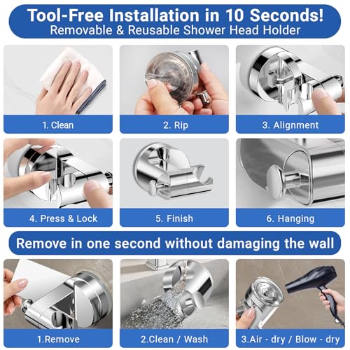 Suction Cup Shower Head Holder Wall Mount, Removable Handheld Shower Head Holder with Side Hook, Adjustable Vacuum Suction Shower Wand Holder (Black) (Chrome) - color: Chrome