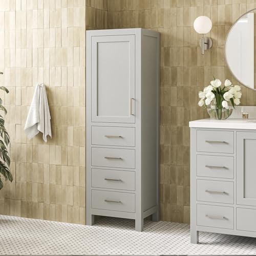 ARIEL Cambridge Bathroom Storage Cabinet - Solid Hevea Wood and Fully Assembled for Long-Lasting Durability and Sophisticated Finish, Freestanding Linen Bathroom Cabinet - 65”H x 20”W x 16”D, Grey - color: Grey, style: Cambridge