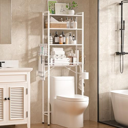 Over-The-Toilet Storage Rack, 4-Tier Bathroom Organizer Shelf Over Toilet with Adjustable Shelf and Basket, Freestanding Space Saver Bathroom Shelves Above Toilet for Room(White) - color: White