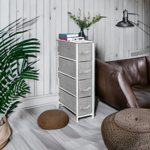Sorbus Narrow Dresser with 4 Drawers - Vertical Slim Storage Chest of Drawers with Steel Frame, Wood Top & Easy Pull Fabric Bins for Small Spaces, Closets, Bedroom, Bathroom & Laundry (White/Gray) - color: White/Gray, style: 4 Drawer