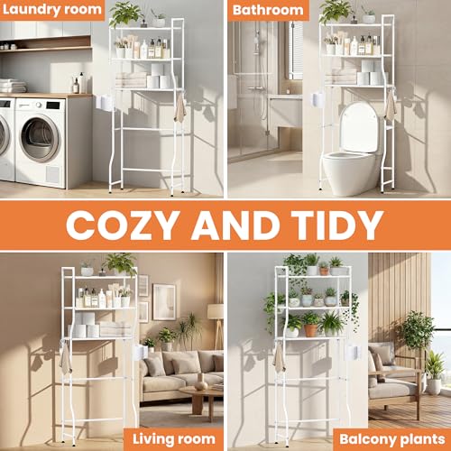 Over The Toilet Storage, 3-Tier Heavy Duty Metal Bathroom Organizer and Storage Rack, Space-Saving Above Toilet Cabinet Shelf with Paper Holder & 4 Hooks, White