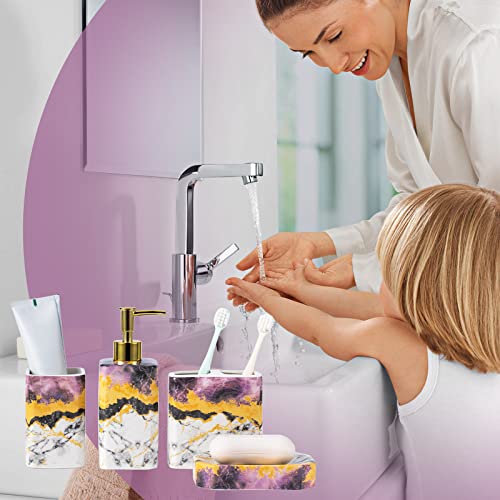 4 Piece Bathroom Accessories Set - Purple Bathroom Accessory Sets Includes Lotion Dispenser, Toothbrush Holder Tumbler, and Soap Dish - Glossy Finish (Marble, Purple) - color: Purple