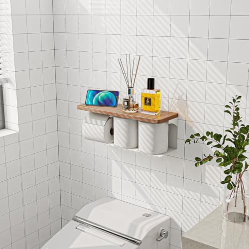 Wall Mounted Double Roll Toilet Paper Holder with Shelf Storage,White | 16" x 5.31" Real Walnut Shelf| Holds 2 Rolls| Protective Top Shelf Keeps Paper Dry| Rust-Resistant Steel Build | Screw Mount - color: White