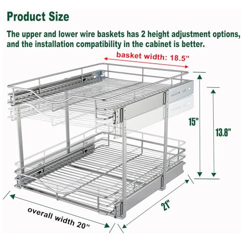 DINDON 2 Tier Pull Out Cabinet Organizer (20" W X 21" D), Double Tier Wire Basket Slide Out Shelf Storage for Kitchen Base Cabinet Organization for Kitchen, Pantry, Bathroom, Chrome - size: 20" W X 21" D