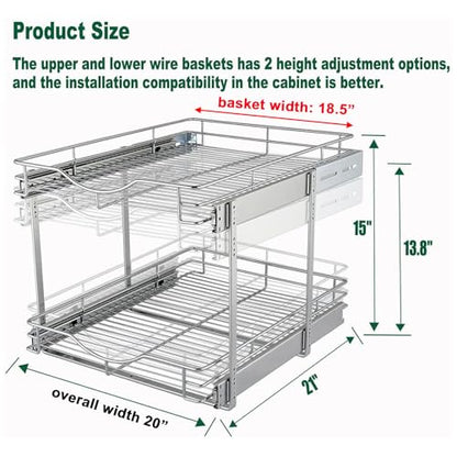 DINDON 2 Tier Pull Out Cabinet Organizer (20" W X 21" D), Double Tier Wire Basket Slide Out Shelf Storage for Kitchen Base Cabinet Organization for Kitchen, Pantry, Bathroom, Chrome - size: 20" W X 21" D