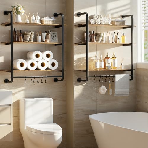 3 Tier Industrial Pipe Floating Shelf, 24" Kitchen Wall Shelves | with Towel Bar & 6 Hooks, Coffee Bar Shelves Display Bookshelf Wall Shelf for Kitchen, Bathroom, Home Décor, Rustic Brown - size: 24 Inch（3 Tier）