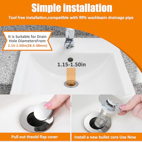 2PC Bathroom Sink Stoppers Plug Pop-up Drain Filter for 1.45 Inch Brass Basin Sink Stopper (Chrome)
