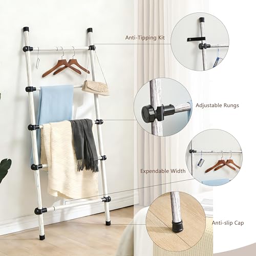 SIBRAD Expandable Blanket Ladder for Living Room, Adjustable Width (17.3"-32.3") Tall Metal Quilt Rack Wall Leaning, Rustic White Wood Grain 5-Tier Blanket Holder, Heavy Duty 45 Lbs Capacity - color: White Grain
