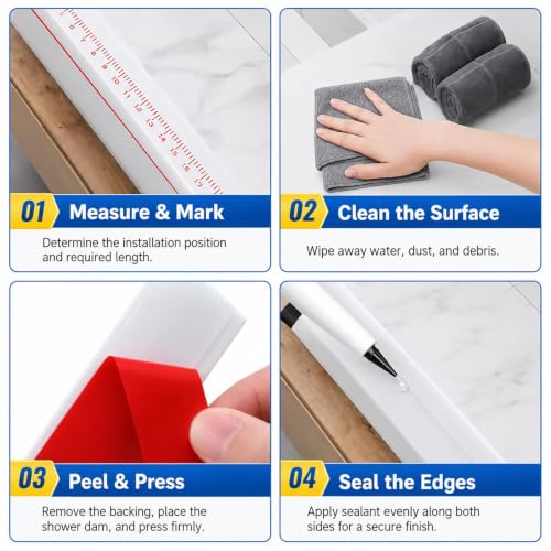 Shower Threshold Water Dam, 39 in Flexible Barrier, Transparent | Flexible peel-and-stick water barrier for shower thresholds, sink edges, and countertops; 39 x 0.79 x 0.47 in - color: Transparent, style: 39Inch