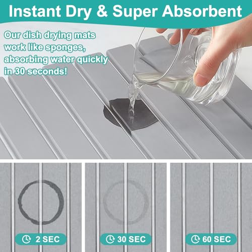Large Stone Dish Drying Mat for Kitchen Sink Diatomite Countertop Dish | Diatomaceous Earth Mat Dishes Drainer Drying Tray Water Absorbent Quick Draining Pads Fast Foldable Bathroom Drying Mats - color: Light Gray