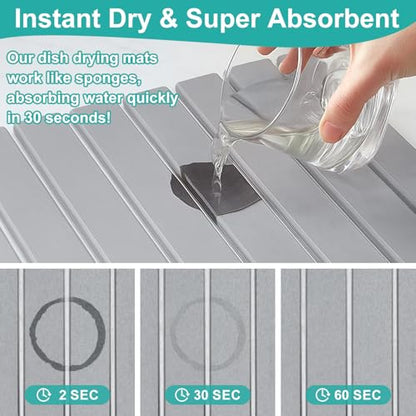 Large Stone Dish Drying Mat for Kitchen Sink Diatomite Countertop Dish | Diatomaceous Earth Mat Dishes Drainer Drying Tray Water Absorbent Quick Draining Pads Fast Foldable Bathroom Drying Mats - color: Light Gray
