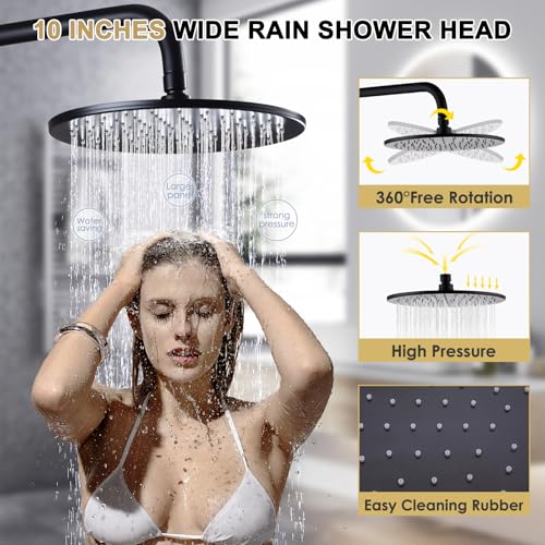 Matte Black Exposed Shower System with 2 Modes HandHeld,3 Functions Tub Shower Faucet Sets with Brass Valve, Shower Fixture with 10 Inches Rainfull Shower Head,Shower Height Adjustable - color: B- Matte Black with Round Shower Head