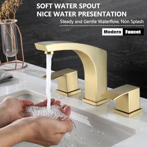 Brushed Gold 3 Hole 8 inch Widespread Bathroom Sink Faucet Modern | with Pop Up Drain and cUPC Supply Hose, 2 Handle 8 inch Brass Wide Spread Vanity Faucet, Restroom Basin Taps - color: Brushed Gold, size: 8 Inch Widespread