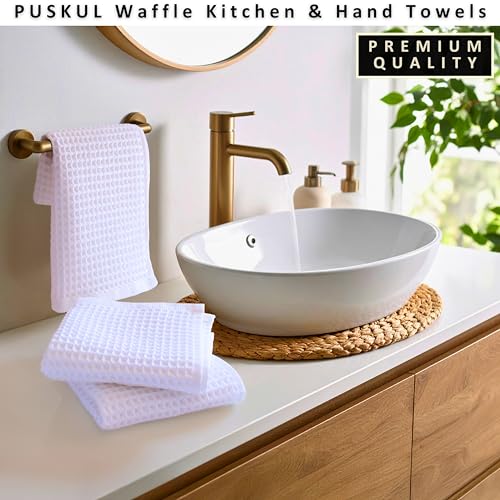 PÜSKÜL Natural 100% Turkish Cotton Waffle Kitchen and Hand Towels, 3-Piece | White, 32x16" Large, Premium 3D Honeycomb Weave Soft Absorbent Quick-Dry Lint-Free Dish Towel, Oeko-Tex Made in Turkey - color: White, size: Kitchen & Hand Towels Pack of 3