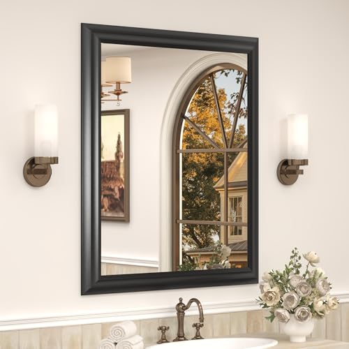 24x28 Inch Black Bathroom Mirror, Matte Black Vanity Mirror | Thick Metal Curved Frame, Rectangle Mirror for Over Sink, Shatterproof, Anti-Rust, Right Angle, Horizontally or Vertically - color: Black /Right Angle, size: 28"L x 24"W