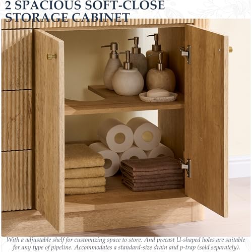 T4TREAM 60" Fluted Bathroom Vanity with Double Sink, Natural Oak | Integrated Resin Sink, 2 Large Storage Cabinets, Adjustable Shelf, 3 Drawers, Three pre-drilled faucet holes, Mid-Century - color: Natural Oak, size: 60" (Bouble Sink)