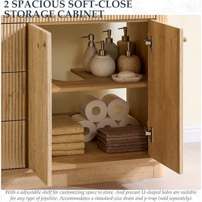 T4TREAM 60" Fluted Bathroom Vanity with Double Sink, Natural Oak | Integrated Resin Sink, 2 Large Storage Cabinets, Adjustable Shelf, 3 Drawers, Three pre-drilled faucet holes, Mid-Century - color: Natural Oak, size: 60" (Bouble Sink)