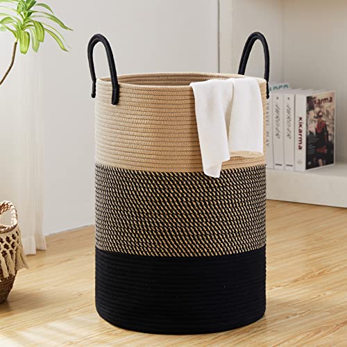 58L Large Woven Laundry Hamper by Fiona's magic, Tall Cotton Rope Laundry Basket, Boho Storage Basket for Blankets, Toys and Clothes Hamper for Bedroom and Living Room Organizing, Brown & Black - color: Brown & Black, size: Tall(58L)