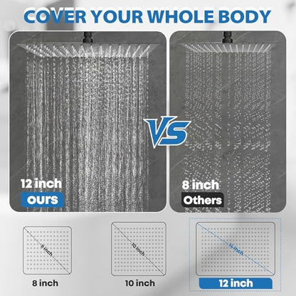 Shower Head,12”Rain Shower Head with Handheld Spray Combo with 11'' Angle Adjustable Extension Arm/Flow Regulator/Shower System,High Pressure Rainfall Shower Head Clean Bathroom,Matt Black - color: Black, size: 12 Inch