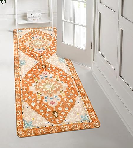 Uphome Boho Bathroom Runner Rug Orange Non-Slip Soft Bedroom Rug Machine Washable Oriental Hallway Rug Tribal Aesthetic Floral Home Decor Floor Mats for Kitchen Kids Room Entryway, 24x59 inch - color: Orange, size: 24x59 inch