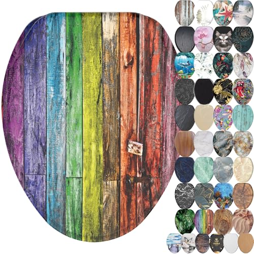 SANILO Wooden Toilet Seat with Soft Close [ELONGATED] - Decorative, Quiet & Slow Close Molded Wood Seat - With Strong Bumpers & Hinges - Adjustable Fit - Rainbow - color: Rainbow