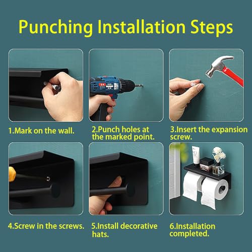 Double Toilet Paper Holder with Phone Shelf KWQKEM Dual Roll Tissue Holder Dispenser Wall Mounted SUS304 Commercial Stainless Steel Roll Holder Storage Cool Bathroom Accessory (Matte Black)