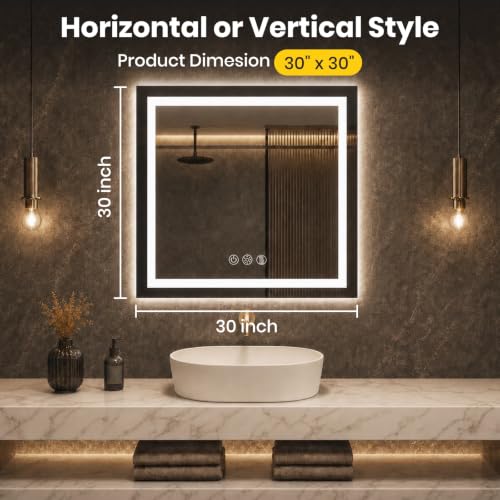 ROOMTEC 30x30 Inches LED Bathroom Mirror with Lights, Vanity Mirror with Front and Backlight, Smart Dimmable Anti-Fog LED Mirror for Bathroom, Memory Function, Tempered Glass (Horizontal/Vertical) | Anti-Fog, Dimmable, Memory Function, Bathroom Vanity Mir