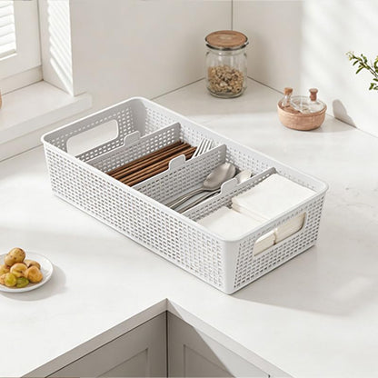 3 Compartment Stackable Bin with Adjustable Dividers, Stackable Storage Bin & Compartment Tray for Kitchen, Bathroom Vanity, Office Desk Supplies, and Bedroom Accessories (White)