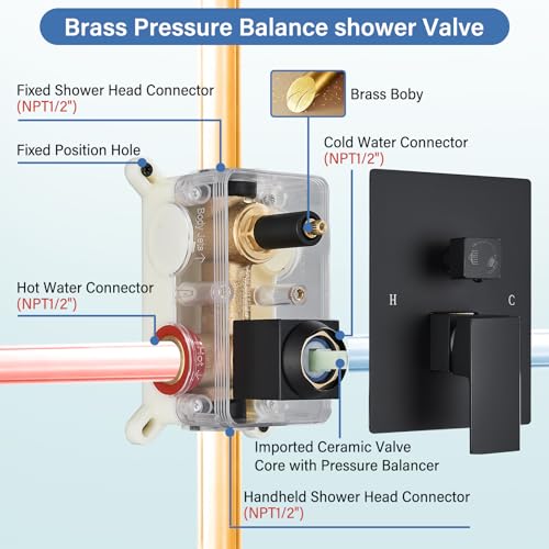 12 Inches Ceiling Mount Shower Faucets Sets Complete Shower System LED Rainfall Shower Head System Rough-in Valve Body and Trim Included Matte Black… - color: Matte Black, style: 12"-led