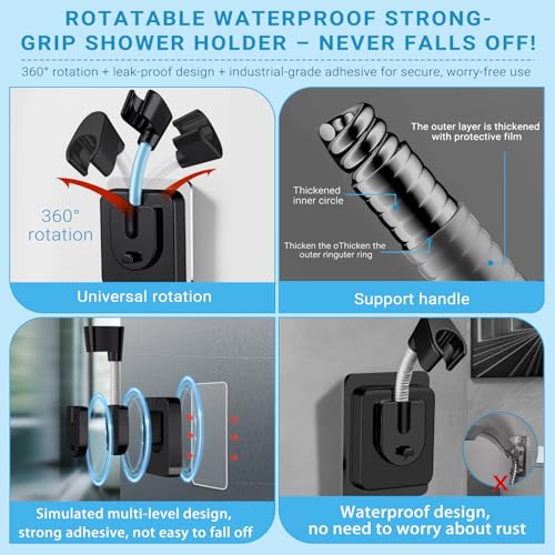 Strong Adhesive Shower Head Holder Adjustable, Black Handheld Shower Holder Wall Mount, Waterproof Bathroom Shower Wand Holder for Hand Held Showerheads, Rv, No Drilling, Ideal for Families & Renters