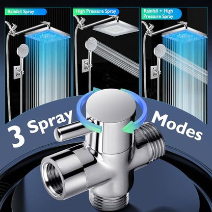8" LED Rain Shower Head with 11" Extension Arm and 7 Spray Handheld | High-Pressure Dual Rain Shower Head Combo, Rainfall LED Shower Head Water Temperature Controlled Color Changing,Chrome - color: Chrome, size: 8'' LED Combo Showerhead Set