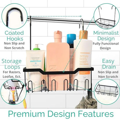 Heavy-Duty Black Hanging Shower Caddy with Rotatable Hooks and Adhesives - Rust-Proof 304 Stainless Steel - Bathroom Caddy for Organizing Your Shower Essentials - color: Single Tier - Matte Black