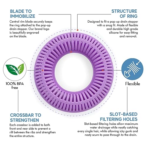 TubRing Pop-Up Drain Protector & Strainer Silicone Hair Catcher, Violet | Easy snap-in design fits around bathtub stoppers. Customizable utility guard for clog prevention. Fits 1.85"- 2.16" drains. - color: Violet