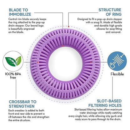 TubRing Pop-Up Drain Protector & Strainer Silicone Hair Catcher, Violet | Easy snap-in design fits around bathtub stoppers. Customizable utility guard for clog prevention. Fits 1.85"- 2.16" drains. - color: Violet