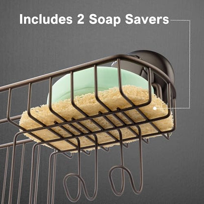HASKO 2 Pack Shower Caddy Suction Cup with Hooks & Soap holder, Includes 2 Soap Savers, Shower Shelf, Bathroom Storage Organizer, Rustproof Shampoo Holder, Bronze - color: Bronze (2 Pack)