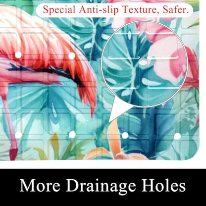 Non Slip Bath Mat for Tub, 15.1 x 26.8 Inch Bathtub Mat Machine Washable Shower Mat with Drain Holes and Suction Cups, Tropical Palm Leavs Flower Flamingo - color: Multi 08