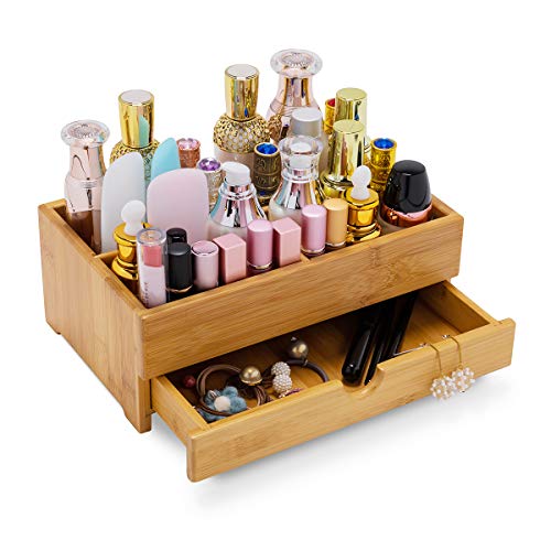 GOBAM Makeup Storage Drawer Organizer Bamboo Wood Cosmetic Display Box, Large Capacity Bathroom Beauty Countertop Organizer, Great for Bathroom Dresser - size: X-Large