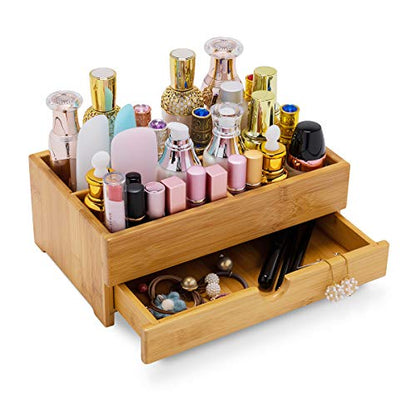 GOBAM Makeup Storage Drawer Organizer Bamboo Wood Cosmetic Display Box, Large Capacity Bathroom Beauty Countertop Organizer, Great for Bathroom Dresser - size: X-Large