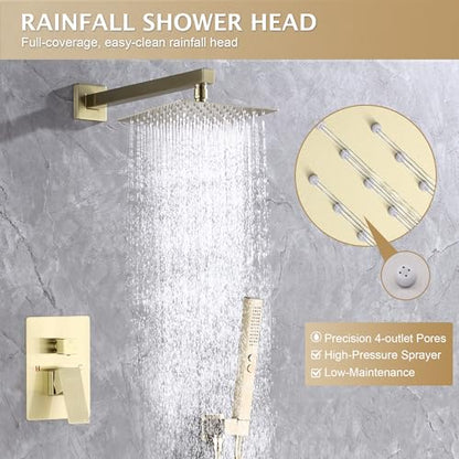 Rain Shower System, 12''Square Rain Head,2-Spray Handheld,Gold | 2 Spray Functions,Anti-Tangle Explosion-proof PVD Hose,Balance Temp Valve,Rust-proof & Scratch-resistant - color: Brushed Gold, size: 12 Inch