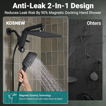 12" XXL Rainfall Shower Head with Handheld Combo Set, Matte Black | High Pressure, Magnetic Docking, Air-Infusion Tech, Anti-Leak One-Piece Design, Dual Square Showerhead - color: Matte Black