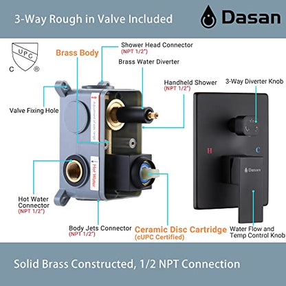 Matte Black Shower System with 4 PCS Shower Body Spray Jets & 12’’ Ceiling Shower Head & Handheld Spray, DASAN Full Body Shower Faucet System with Jets Rainfall Shower Combo Set, SA-SS03BMB-S12C - color: Matte Black