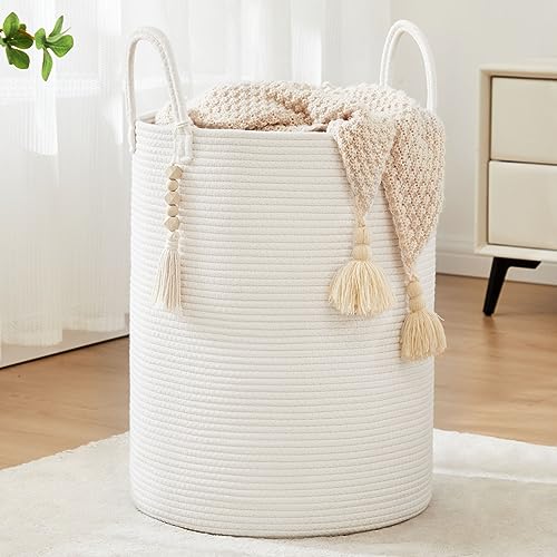 Woven Rope Laundry Hamper, Tall Laundry Basket for Blanket Storage, Large Dirty Clothes Hamper for Toys, Decorative Baby Nursery Hamper for Bedroom, Living Room - White, 58L - color: White, size: Tall(58L)