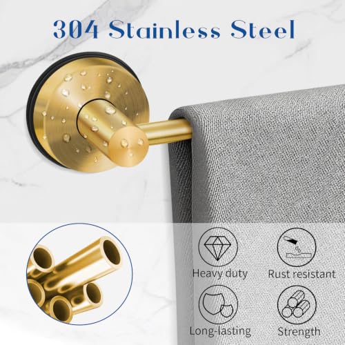 Adjustable Suction Cup Towel Bar for Bathroom Wall, 14.6–24 Inches Brushed Gold Towel Bar, Stainless Steel Towel Racks for Bathroom, Bath Towel Holder for Shower (Brushed Gold) - color: Brushed Gold, 1-pack