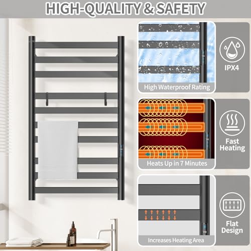 Heated Towel Rack for Bathroom, Hot Towel Warmer Rack Large 10 Bar Electric Hot Towel Warmer, Stainless Steel Wall Mounted Rack with LED Built-in Timer, Plug-in, Fast Heating, Black - color: Black